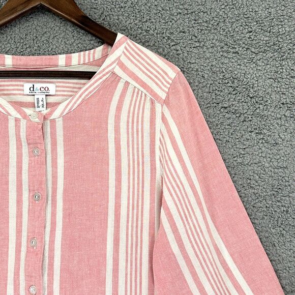 D&Co. Top Women L‎ Pink Striped Popover Yarn Woven Hi-Low Hem Linen Blend F14 - Picture 3 of 16
